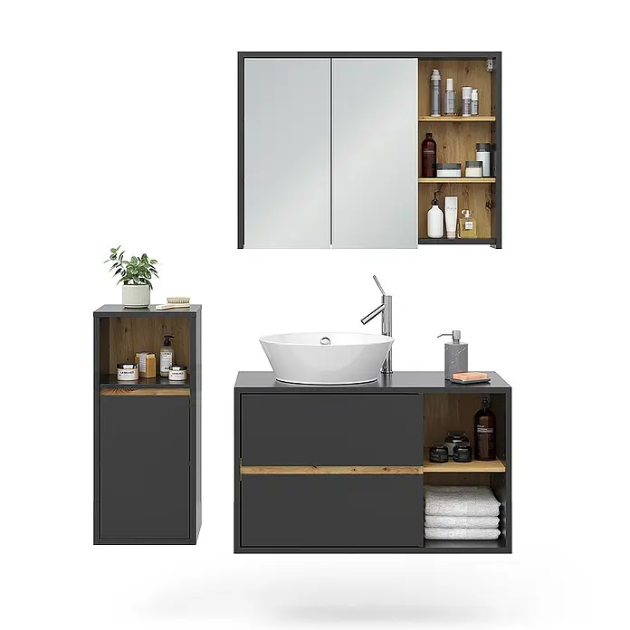 Vicco Badmöbel-Set Viola Anthrazit 3 Teile, mit Midischrank - Gesamtbreite Badmöbel: 137,8 cm, Anthrazit, Matt - Dunkelgraue Badezimmermöbel mit Holzakzenten, bestehend aus wandmontiertem Waschtisch mit weißem Becken, hohem Seitenregal und Spiegelschrank.