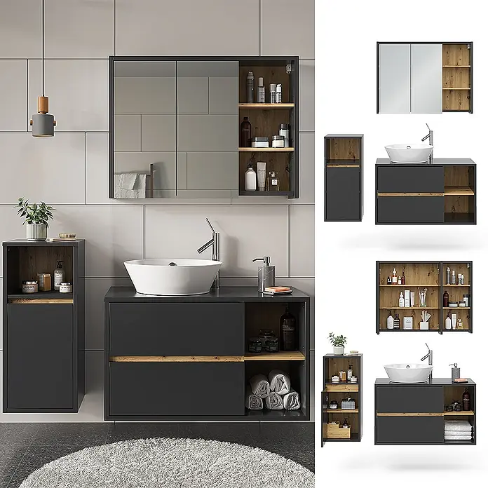 Vicco Badmöbel-Set Viola Anthrazit 3 Teile, mit Midischrank - Gesamtbreite Badmöbel: 137,8 cm, Anthrazit, Matt - Modernes dunkelgraues Badmöbelset mit weißem Waschbecken, Holzdetails und Spiegelschrank. Besteht aus Waschtisch und Hochschrank.