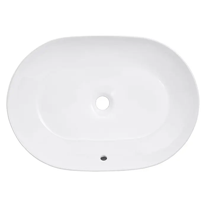 Schöner Wohnen Aufsatz-Waschbecken Sati 60 cm x 42 cm Weiß -  - Weißes ovales Keramikwaschbecken mit mittigem Abfluss und Überlaufloch, von oben gesehen.