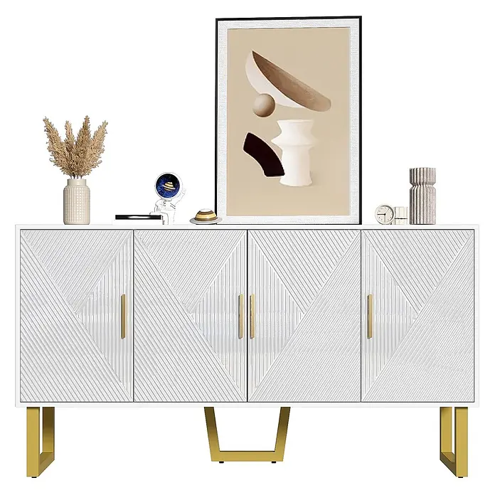 SONNENH Anrichte mit 4 Hochglanztüren und Goldakzenten, Weiß -  - Weißer Sideboard mit texturierten geometrischen Türen, goldenen Griffen und Beinen.
