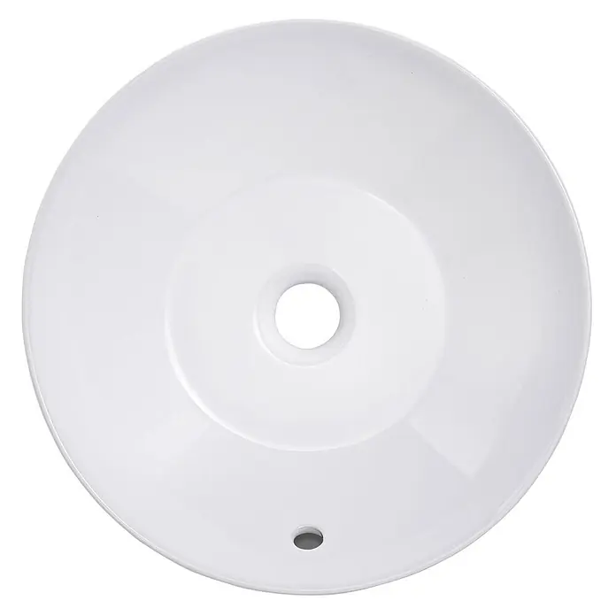 SCHÖNER WOHNEN-Kollektion Aufsatzwaschbecken Beco 38 cm Weiß - Ohne Spezialglasur, Hahnloch: Ohne, Mit Überlauf, Weiß - Weiße runde Deckenrosette mit mittiger Öffnung und kleinerem seitlichem Loch für Kabel.