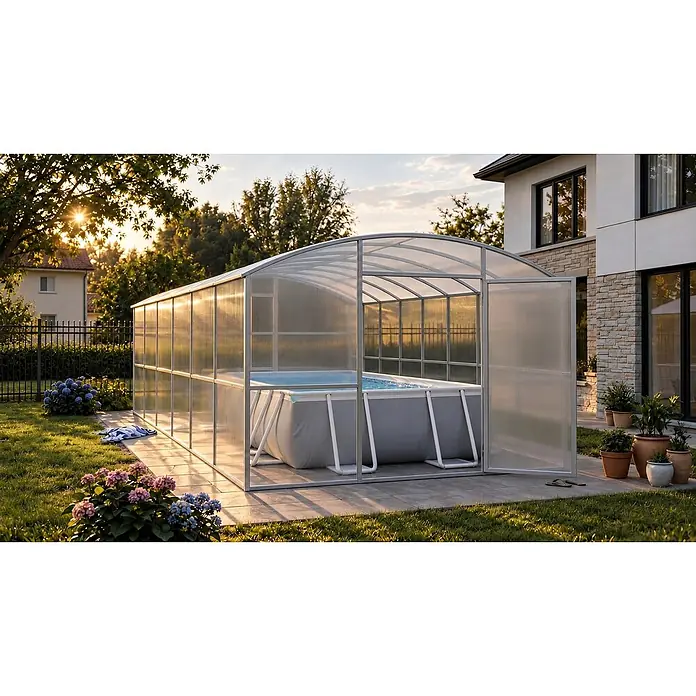 Garten Dream Poolüberdachung Laguna, 6mm Polycarbonat - L x B x H: 800 x 300 x 210 cm - Gewölbte, transparente Poolüberdachung mit grauem Rahmen, die einen Aufstellpool im Garten schützt.