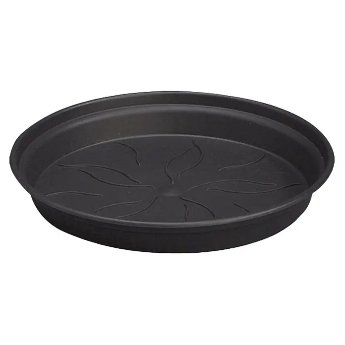 Elho Green Basics Plato redondo para maceta - Dimensiones externas (Ø x Al): 10 x 1 cm, Plástico, Negro - Plato de plástico negro para maceta con un diseño floral en relieve en el centro, ideal para uso interior y exterior.