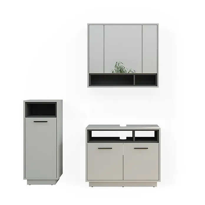 Badmöbel-Set Beatrice 80 cm Grau Art.-Nr. 40206 -  - Modulares Set aus hellgrauen und dunkelgrauen Schränken mit offenen Regalen und geschlossenen Türen, geeignet für Büro oder Bad.