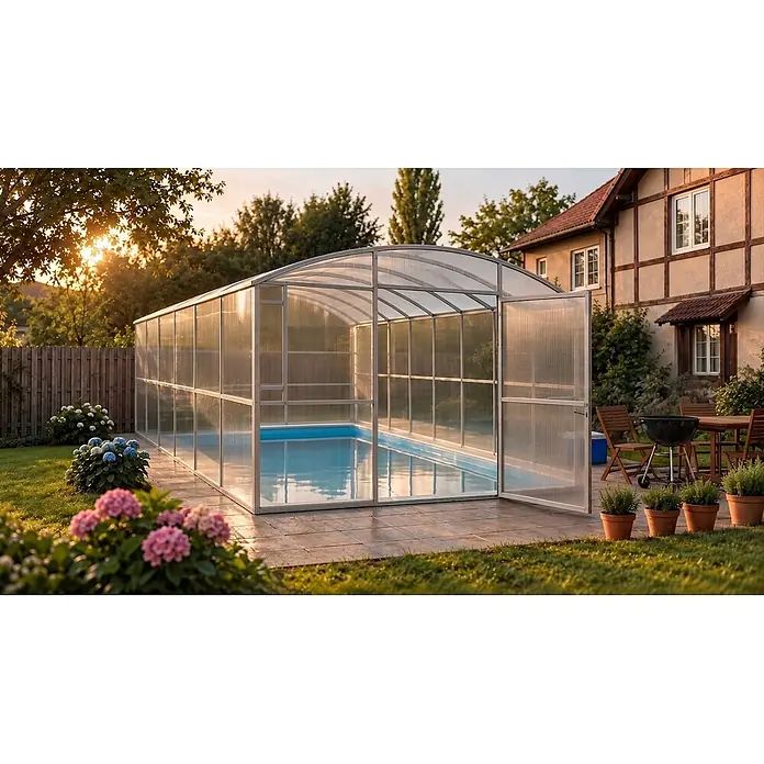 Garten Dream Poolüberdachung Laguna, 6mm Polycarbonat - L x B x H: 800 x 300 x 210 cm - Große Poolüberdachung mit transparenten Paneelen und silbernem Rahmen, die einen Pool im Garten umschließt.