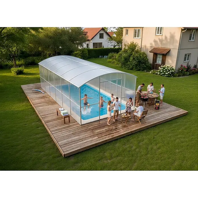 Garten Dream Poolüberdachung Laguna, 6mm Polycarbonat - L x B x H: 800 x 300 x 210 cm - Transparente, gewölbte Poolüberdachung über einem Schwimmbecken mit Holzterrasse, auf der Menschen schwimmen und grillen.