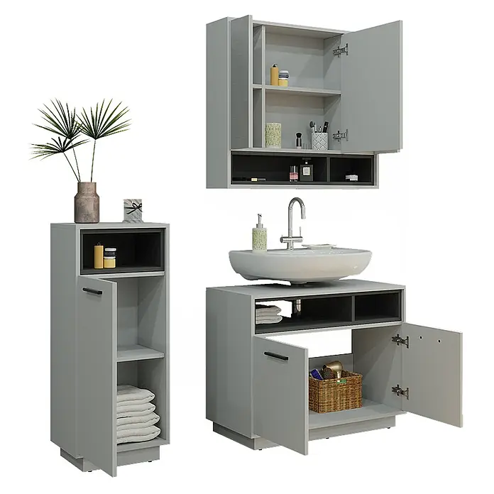 Vicco Badmöbel-Set Beatrice, Grau 80 cm -  - Hellgraues Badmöbel-Set mit Wandschrank, Hochschrank und Waschtischunterschrank mit Spüle, bietet viel Stauraum.