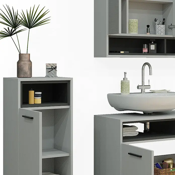 Vicco Badmöbel-Set Beatrice, Grau 80 cm -  - Graues Badezimmermöbel-Set mit Waschtischunterschrank, Wandschrank und hohem Stauraumschrank.