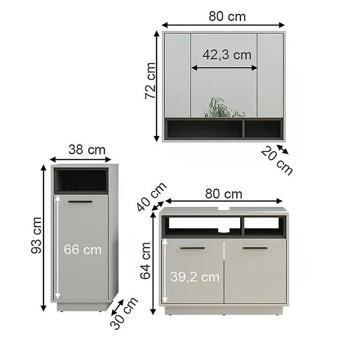 Vicco Badmöbel-Set Beatrice, Grau 80 cm -  - Modulare hellgraue und dunkelgraue Aufbewahrungsmöbel: Hängeschrank, Hochschrank und TV-Unterschrank.