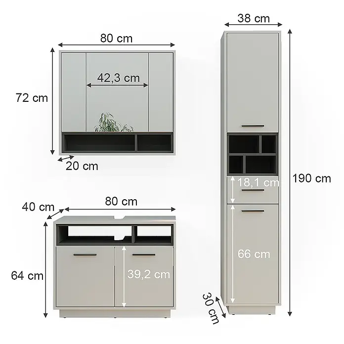 Badmöbel-Set Beatrice 80 cm Grau Art.-Nr. 40205 -  - Modernes hellgrau-dunkelgraues Badmöbel-Set mit Hängeschrank, Unterschrank und hohem Hochschrank mit Maßen.