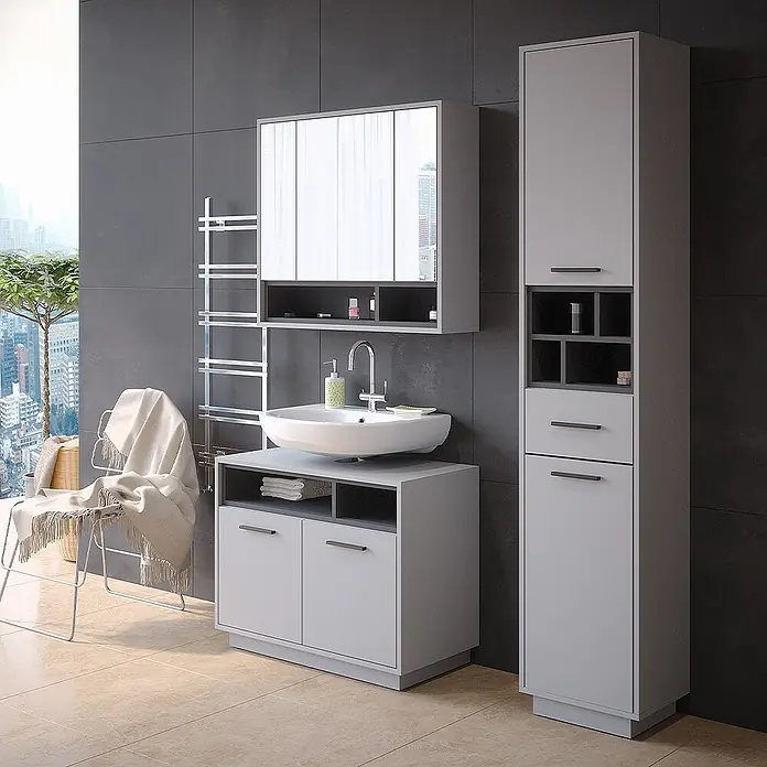 Badmöbel-Set Beatrice 80 cm Grau Art.-Nr. 40205 -  - Modernes graues Badmöbel-Set: Spiegelschrank, Waschtisch mit Waschbecken und hoher Hochschrank.