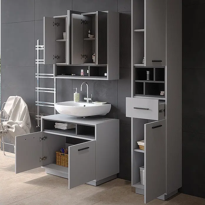 Vicco Badmöbel-Set Beatrice, Grau 80 cm -  - Anthrazitgraues Badmöbelset: Waschtisch mit Waschbecken, Wandschränke, Hochschrank, mit offenen Türen und Schubladen.