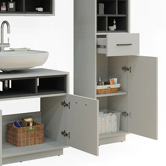 Vicco Badmöbel-Set Beatrice, Grau 80 cm -  - Grauer Badezimmerschrank mit Waschbecken, offenen Schränken und einer Schublade, bietet viel Stauraum.