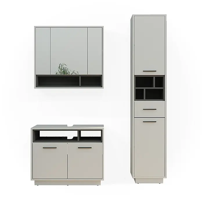Vicco Badmöbel-Set Beatrice, Grau 80 cm -  - Hellegraue Badmöbel-Garnitur mit dunkelgrauen Akzenten: Wandschrank, Hochschrank und Waschtischunterschrank.