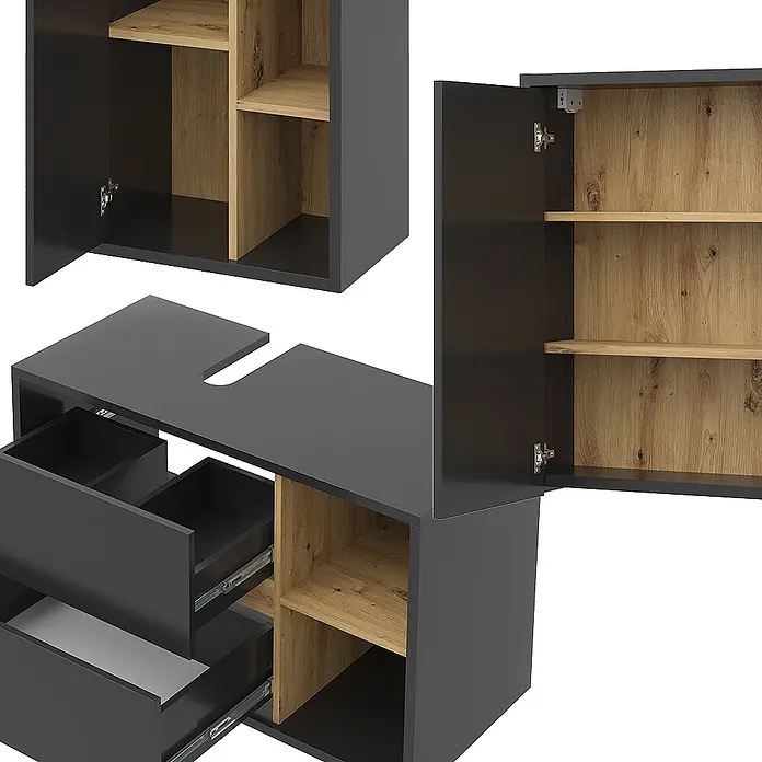 Vicco Badmöbel-Set Viola Anthrazit 3 Teile - Gesamtbreite Badmöbel: 150 cm, Anthrazit, Matt - Anthrazitfarbener Badunterschrank mit hellen Holzregalen und Schubladen, inklusive Schränken und Ausschnitt für ein Waschbecken.