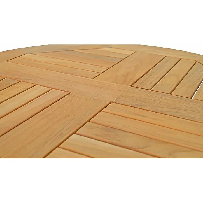 Klapptisch Ravenna Teak Holz Tisch rund 70 cm wetterfest premium -  - Hellbraune Tischplatte aus Holz mit geometrischem Lamellenmuster.