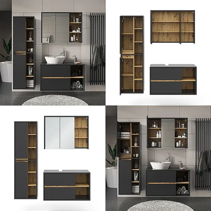 Vicco Badmöbel-Set Viola Anthrazit 3 Teile - Gesamtbreite Badmöbel: 150 cm, Anthrazit, Matt - Modernes dunkelgraues und holzfarbenes Badmöbelset mit Hochschrank, Spiegelschrank und Waschtischunterschrank.