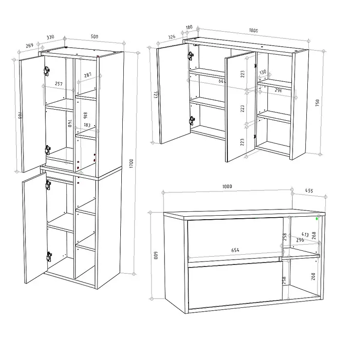 Vicco Badmöbel-Set Viola Anthrazit 3 Teile - Gesamtbreite Badmöbel: 150 cm, Anthrazit, Matt - Weiße Holzschränke in drei Konfigurationen mit detaillierten Maßen.