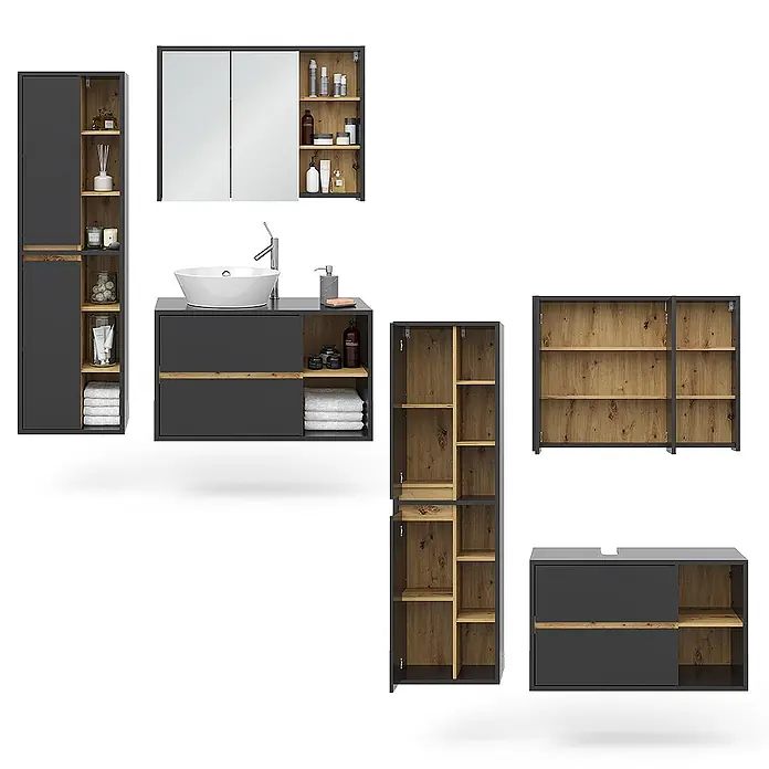 Vicco Badmöbel-Set Viola Anthrazit 3 Teile - Gesamtbreite Badmöbel: 150 cm, Anthrazit, Matt - Modernes Badmöbel-Set in Dunkelgrau und heller Holzoptik mit Waschtisch, Hochschrank und Spiegelschrank.
