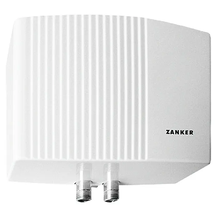 Zanker Kleindurchlauferhitzer MDO 35 - 3,5 kW, Hydraulisch, Offen - Abbildung eines weißen Zanker-Warmwasserbereiters mit vertikalen Rillen auf der linken Seite und dem Zanker-Logo auf der rechten Seite.