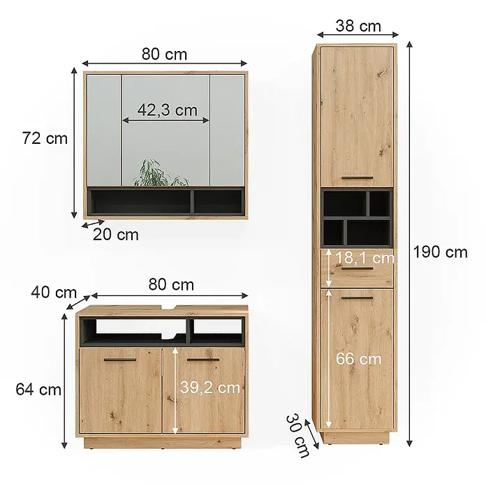 Vicco Badmöbel-Set Beatrice Artisan-Eiche 3 Teile, mit Hochschrank - Gesamtbreite Badmöbel: 118 cm, Artisan-Eiche, Matt - Badezimmermöbel-Set aus hellem Holzdekor und dunkelgrauen Akzenten, bestehend aus Spiegelschrank, Waschtischunterschrank und Hochschrank.