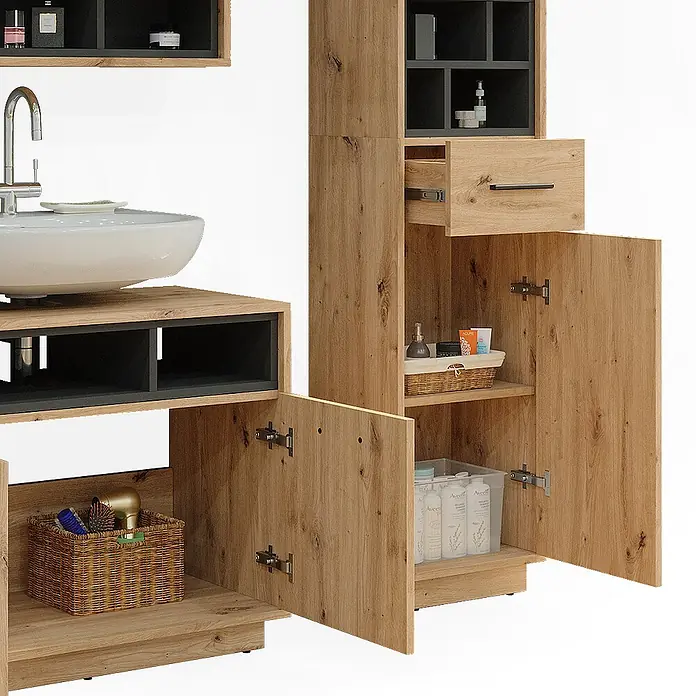 Vicco Badmöbel-Set Beatrice Artisan-Eiche 3 Teile, mit Hochschrank - Gesamtbreite Badmöbel: 118 cm, Artisan-Eiche, Matt - Badmöbel-Set aus hellem Holz mit dunkelgrauen Akzenten und weißem Aufsatzwaschbecken.