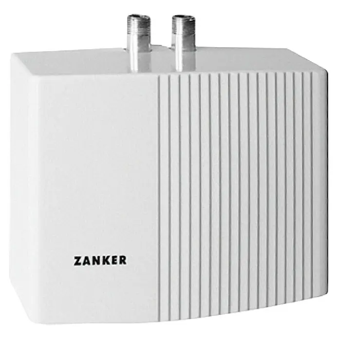Zanker Kleindurchlauferhitzer MDG 35 - 3,5 kW, Hydraulisch, Geschlossen - Das Bild zeigt eine Zanker Warmwasser-Wärmepumpe in Weiß mit zwei Anschlüssen oben und vertikalen Rillen auf der rechten Seite.