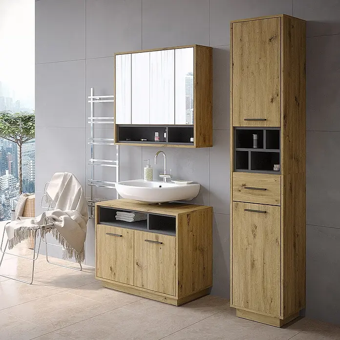 Vicco Badmöbel-Set Beatrice Artisan-Eiche 3 Teile, mit Hochschrank - Gesamtbreite Badmöbel: 118 cm, Artisan-Eiche, Matt - Badmöbel-Set aus hellem Holz mit dunkelgrauen Akzenten, bestehend aus Waschtischunterschrank, Spiegelschrank und Hochschrank.