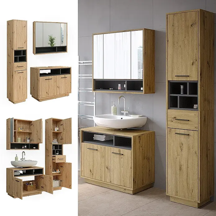 Vicco Badmöbel-Set Beatrice Artisan-Eiche 3 Teile, mit Hochschrank - Gesamtbreite Badmöbel: 118 cm, Artisan-Eiche, Matt - Modernes Badmöbel-Set in hellem Holz mit dunkelgrauen Akzenten: Waschtischunterschrank, Hochschrank und Spiegelschrank.