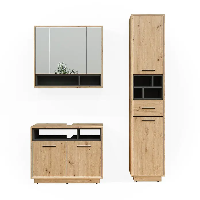 Vicco Badmöbel-Set Beatrice Artisan-Eiche 3 Teile, mit Hochschrank - Gesamtbreite Badmöbel: 118 cm, Artisan-Eiche, Matt - Badezimmermöbel-Set in heller Eichenoptik mit dunkelgrauen Akzenten: Spiegelschrank, Waschtischunterschrank, Hochschrank.