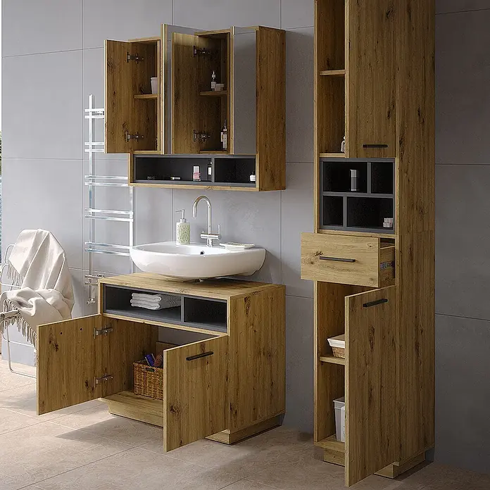 Vicco Badmöbel-Set Beatrice Artisan-Eiche 3 Teile, mit Hochschrank - Gesamtbreite Badmöbel: 118 cm, Artisan-Eiche, Matt - Badmöbel-Set in Holzoptik und Grau, mit Waschtisch, Wandschrank und hohem Stauraumschrank, teilweise geöffnet.