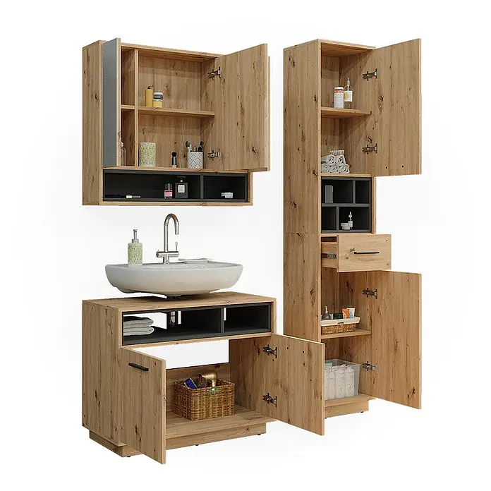 Vicco Badmöbel-Set Beatrice Artisan-Eiche 3 Teile, mit Hochschrank - Gesamtbreite Badmöbel: 118 cm, Artisan-Eiche, Matt - Modernes Badmöbelset in heller Holzoptik mit dunkelgrauen Akzenten, inklusive Waschtisch mit Waschbecken und Stauraumschränken.