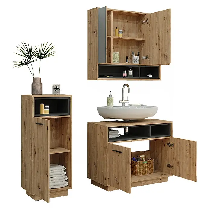 Vicco Badmöbel-Set Beatrice Artisan-Eiche 3 Teile - Gesamtbreite Badmöbel: 118 cm, Artisan-Eiche, Matt - Badezimmermöbel-Set aus hellem Holz mit dunkelgrauen Akzenten, bestehend aus Hängeschrank, Hochschrank und Waschtischunterschrank mit viel Stauraum.