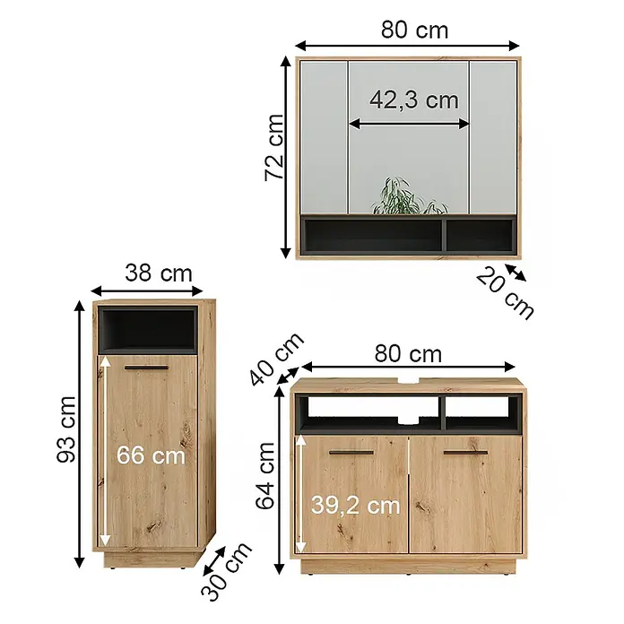 Vicco Badmöbel-Set Beatrice Artisan-Eiche 3 Teile - Gesamtbreite Badmöbel: 118 cm, Artisan-Eiche, Matt - Modulares Möbelset in heller Holzoptik mit dunkelgrauen Akzenten, bestehend aus Wandschrank, Hochschrank und TV-Unterschrank mit Regalen und Türen.