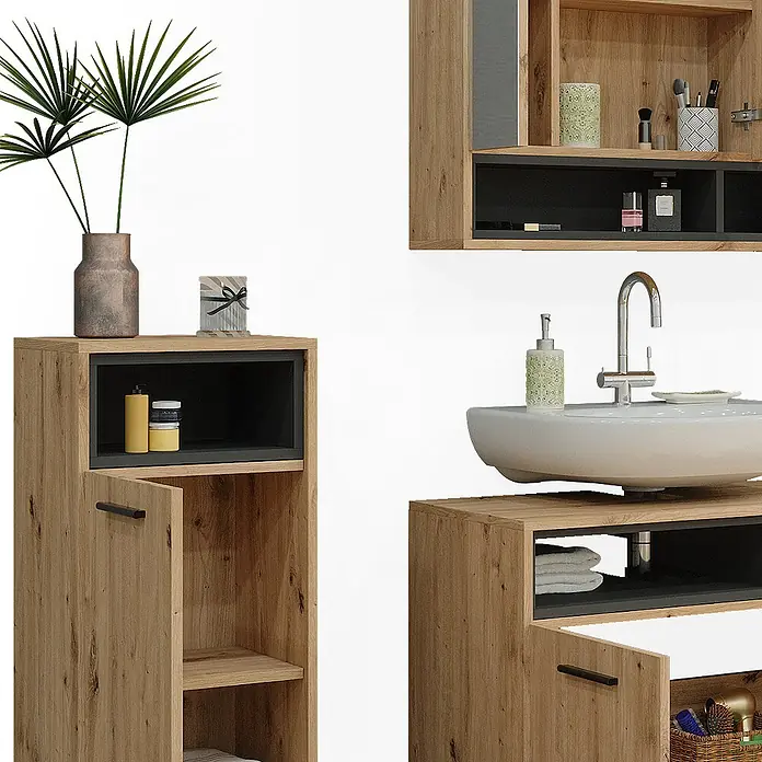 Vicco Badmöbel-Set Beatrice Artisan-Eiche 3 Teile - Gesamtbreite Badmöbel: 118 cm, Artisan-Eiche, Matt - Badezimmermöbel-Set aus hellem Holz mit dunkelgrauen Akzenten, bestehend aus Hochschrank, Wandschrank und Waschtischunterschrank mit Waschbecken.