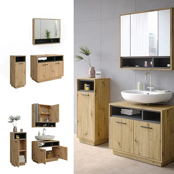 Vicco Badmöbel-Set Beatrice Artisan-Eiche 3 Teile - Gesamtbreite Badmöbel: 118 cm, Artisan-Eiche, Matt - Badezimmermöbel-Set in hellem Holz mit dunkelgrauen Akzenten: Spiegel, Hochschrank, Waschtisch.