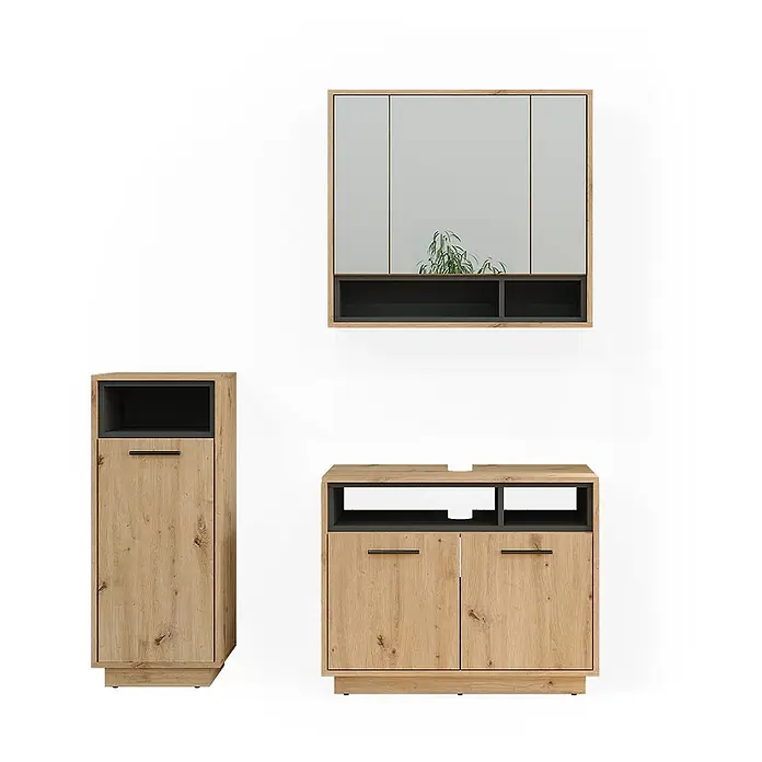 Vicco Badmöbel-Set Beatrice Artisan-Eiche 3 Teile - Gesamtbreite Badmöbel: 118 cm, Artisan-Eiche, Matt - Badezimmermöbel-Set aus hellem Holz mit dunklen Akzenten, bestehend aus Spiegelschrank, Hochschrank und Waschtischunterschrank.