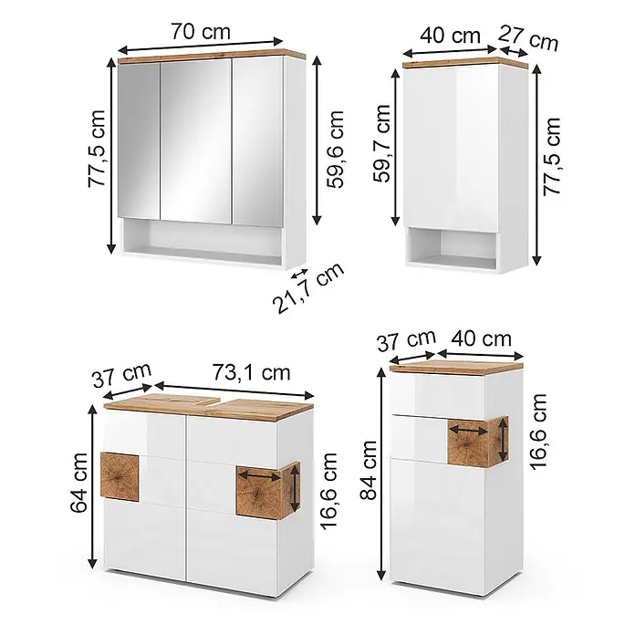 Vicco Badmöbel-Set Eden, Weiß Hochglanz 75 cm -  - Set weißer Bad- oder Aufbewahrungsmöbel mit Naturholzplatten und Akzenten, darunter Spiegelschränke und Kommoden.