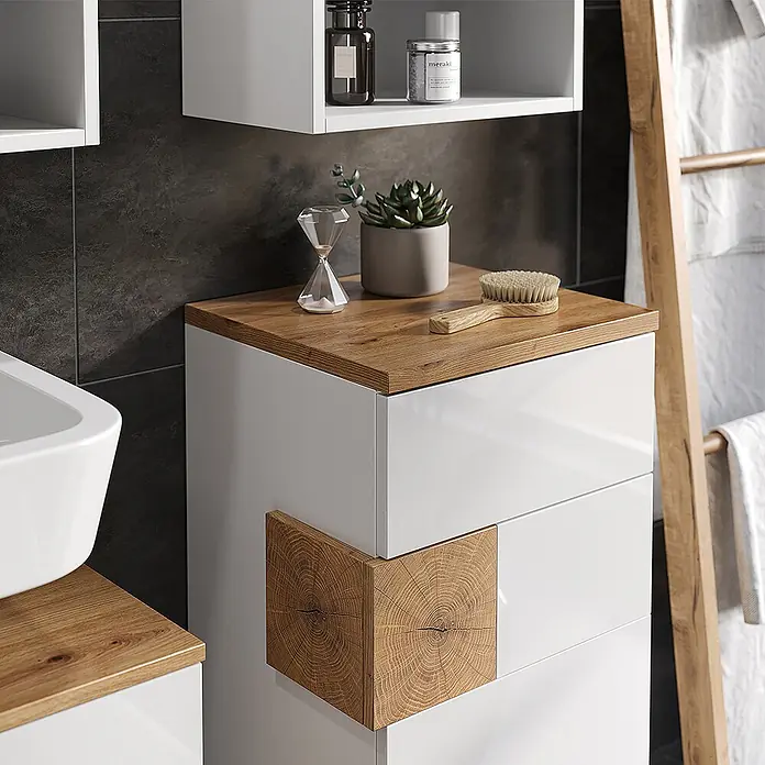 Vicco Badmöbel-Set Eden, Weiß Hochglanz 75 cm -  - Weißer Badschrank mit warmer Holzplatte und markantem Holzgriff mit sichtbaren Jahresringen.