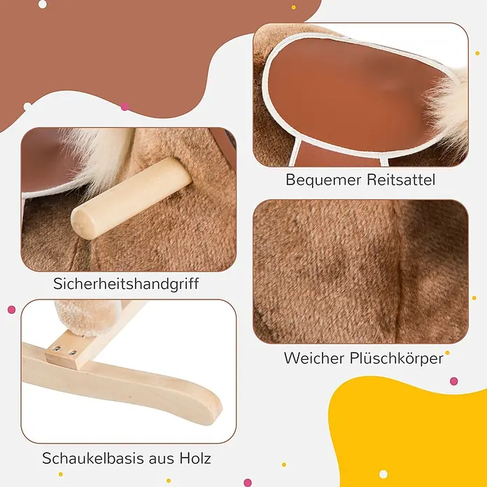 Schaukelpferd Baby Plüsch-Schaukeltier Schaukeltier Plüsch Spielzeug Kinder -  - Nahaufnahmen zeigen einen Schaukelpferd-Sicherheitsgriff aus Holz, einen bequemen Reitsattel, einen weichen Plüschkörper und eine stabile Holzschaukelbasis.