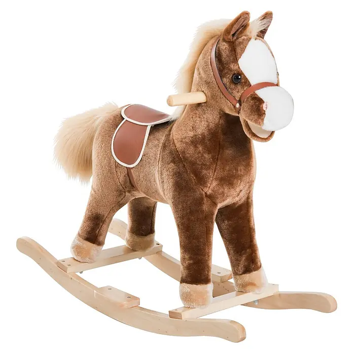 Schaukelpferd Baby Plüsch-Schaukeltier Schaukeltier Plüsch Spielzeug Kinder -  - Plüschbraunes Schaukelpferd mit weißer Schnauze, braunem Sattel und hellem Holzgestell.