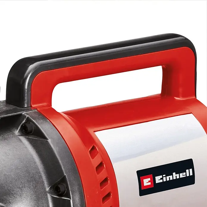 Einhell Hauswasserwerk GC-WW 1045 N - 1.050 W, 20 l, Max. Fördermenge: 4.500 l/h, Max. Druck: 3 bar - Nahaufnahme eines rot-schwarzen Griffs an einem Werkzeug, mit dem Einhell-Logo auf dem silbernen Gehäuse.