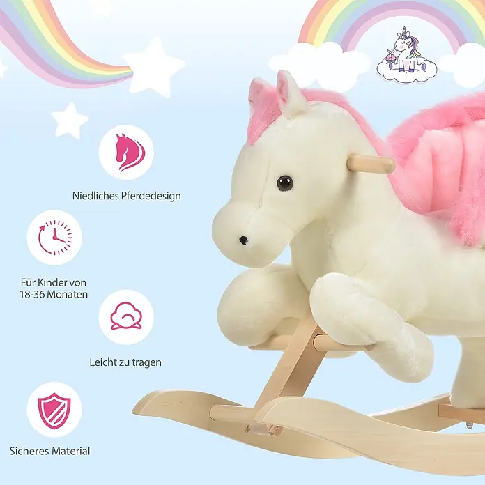 Kinder Schaukelpferd Baby Schaukeltier Spielzeug Pferd für 18-36 Monate -  - Weißes Plüsch-Einhorn-Schaukelpferd mit pinker Mähne und Holzgestell für Kinder.