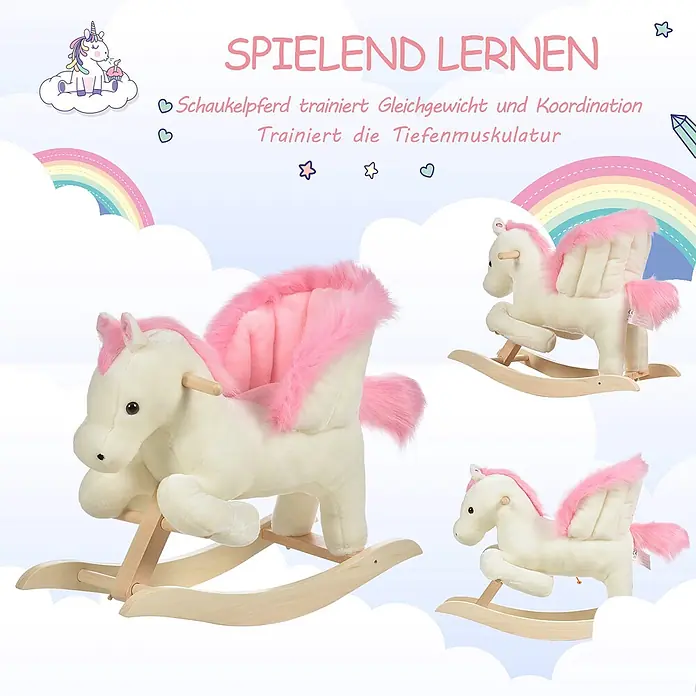 Kinder Schaukelpferd Baby Schaukeltier Spielzeug Pferd für 18-36 Monate -  - Weiß-rosafarbenes Plüsch-Einhorn-Schaukelpferd mit Holzgleitern, in drei Ansichten vor Himmelshintergrund.
