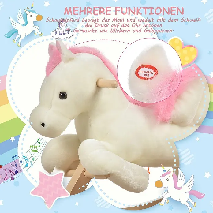Kinder Schaukelpferd Baby Schaukeltier Spielzeug Pferd für 18-36 Monate -  - Weißes Plüsch-Einhorn-Schaukelpferd mit rosa Mähne/Schwanz. Verfügt über Soundeffekte (Wiehern/Galoppieren) und bewegt Maul/Schwanz beim Drücken des Ohrknopfs.