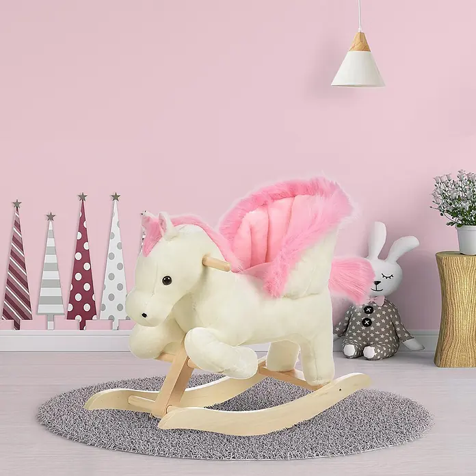 Kinder Schaukelpferd Baby Schaukeltier Spielzeug Pferd für 18-36 Monate -  - Ein weißes Plüsch-Einhorn-Schaukelpferd mit rosa Mähne und Schweif auf Holzkufen, steht auf einem grauen Teppich in einem Kinderzimmer.
