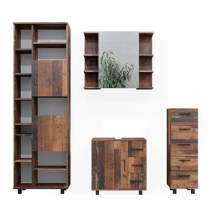 Vicco Badmöbel-Set Ilias Eiche rustikal 4 Teile - Gesamtbreite Badmöbel: 150 cm, Eiche rustikal, Matt - Rustikales modulares Möbelset im Altholz-Look mit Bücherregal, Wandspiegelregal, Schrank und hoher Kommode, mit dunklen Metallakzenten.