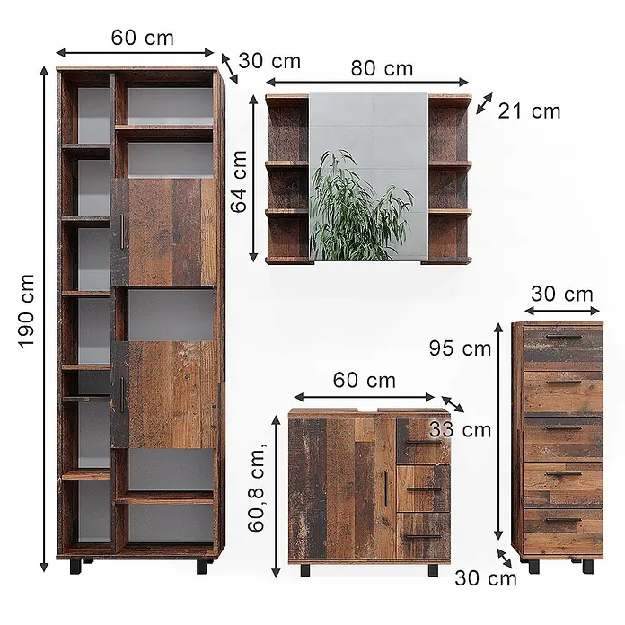 Vicco Badmöbel-Set Ilias Eiche rustikal 4 Teile - Gesamtbreite Badmöbel: 150 cm, Eiche rustikal, Matt - Set von rustikalen Industriemöbeln: hohes Bücherregal, Wandspiegel, Kommode, Schubladenschrank, mit Maßen dargestellt. Altholz-Optik.