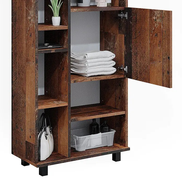 Vicco Badmöbel-Set Ilias Eiche rustikal 4 Teile - Gesamtbreite Badmöbel: 150 cm, Eiche rustikal, Matt - Rustikaler brauner Holzschrank mit offenen Regalen und Scharniertür, präsentiert Handtücher, Pflanze und Tasche.