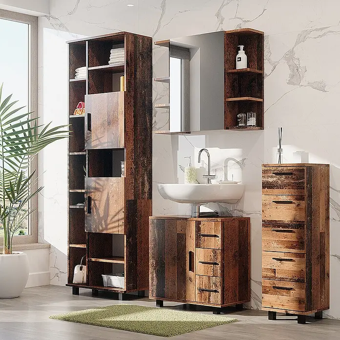 Vicco Badmöbel-Set Ilias Eiche rustikal 4 Teile - Gesamtbreite Badmöbel: 150 cm, Eiche rustikal, Matt - Rustikales braunes Badmöbel-Set in Altholzoptik mit Hochschrank, Waschtisch, Spiegelschrank und Kommode in einem modernen Bad.